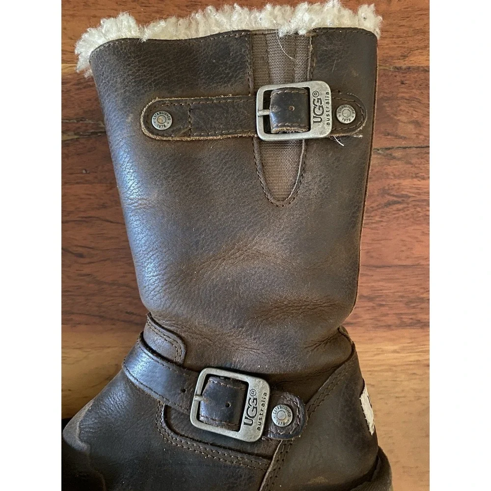 UGG Kensington Snow Boots Girls Size 13 Brown Leather Sherpa Lined Zip Winter